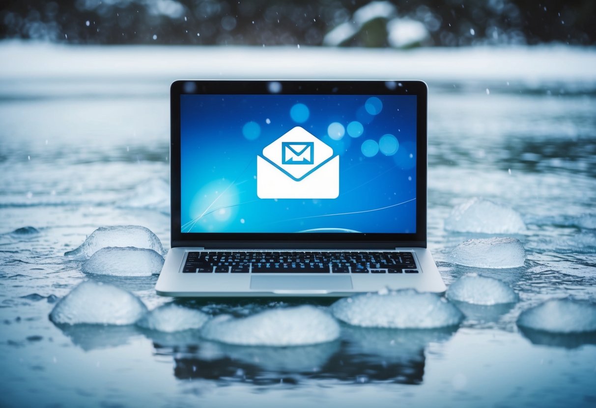 A laptop surrounded by ice and snow, with an email icon on the screen