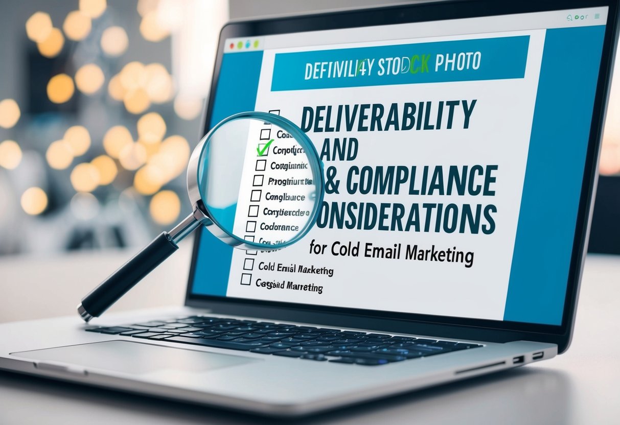 A laptop with a checklist of deliverability and compliance considerations for cold email marketing. A magnifying glass hovers over the list, highlighting key points