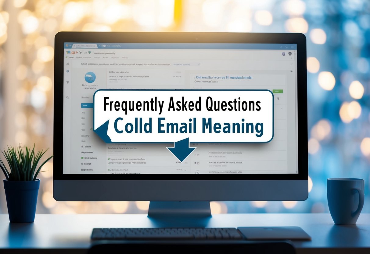 A computer screen with an inbox full of emails, highlighted subject line "Frequently Asked Questions cold email meaning."