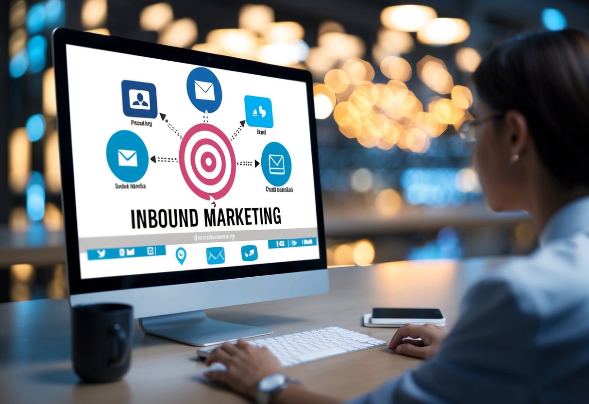 A computer screen displaying various digital marketing channels, such as social media, email, and content marketing, all leading to a central target representing inbound marketing