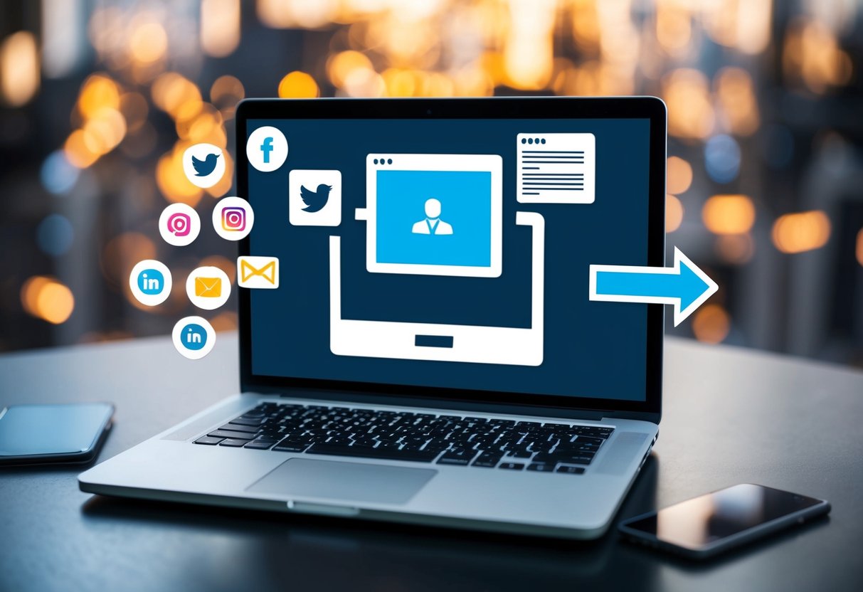 A laptop, surrounded by social media icons, email symbols, and a blog post, with an arrow pointing towards a website