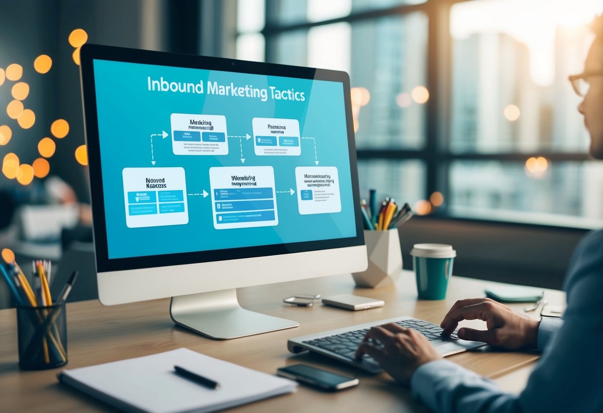 A computer screen displaying a flowchart of inbound marketing tactics, surrounded by various marketing tools and resources