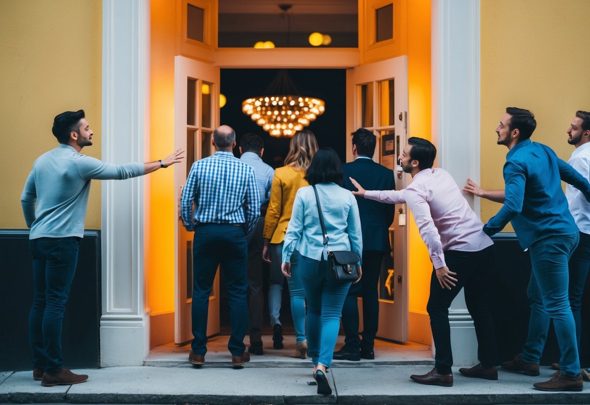 A group of people are drawn towards a bright, inviting doorway, while others are seen reaching out to grab their attention from the outside