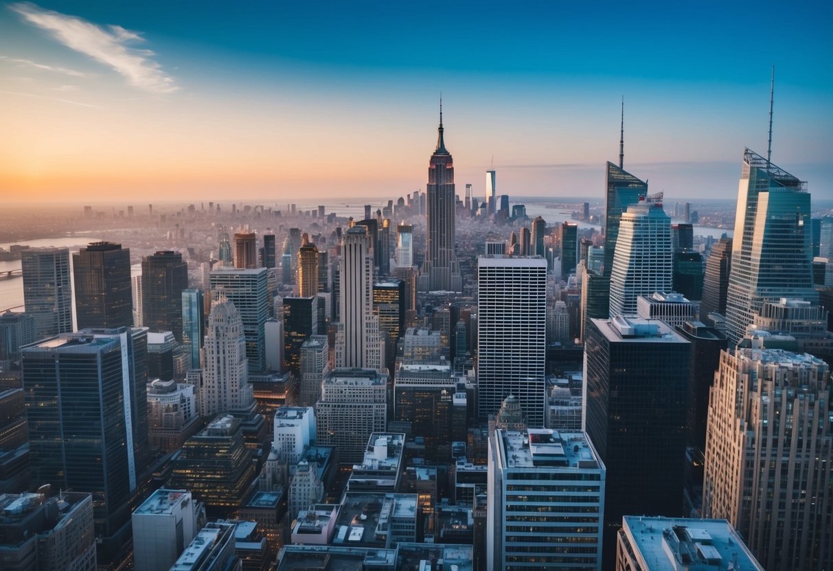 A bustling city skyline with various businesses and brands using digital platforms to attract and engage customers through content and social media