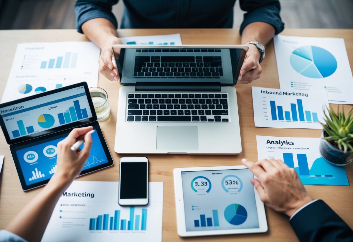 A laptop, smartphone, and tablet surrounded by various marketing materials and analytics charts. A person is seen brainstorming and strategizing for inbound marketing