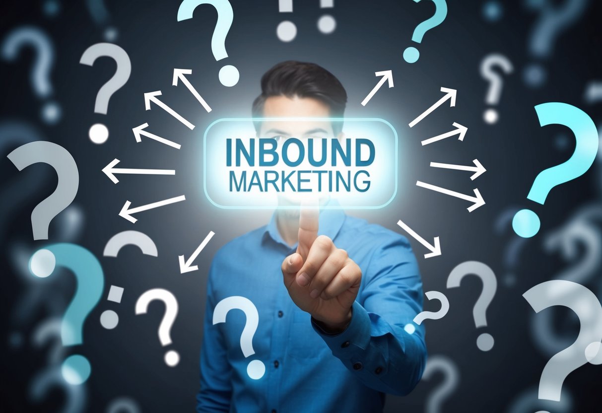 A person surrounded by question marks, with arrows pointing towards a glowing "inbound marketing" sign