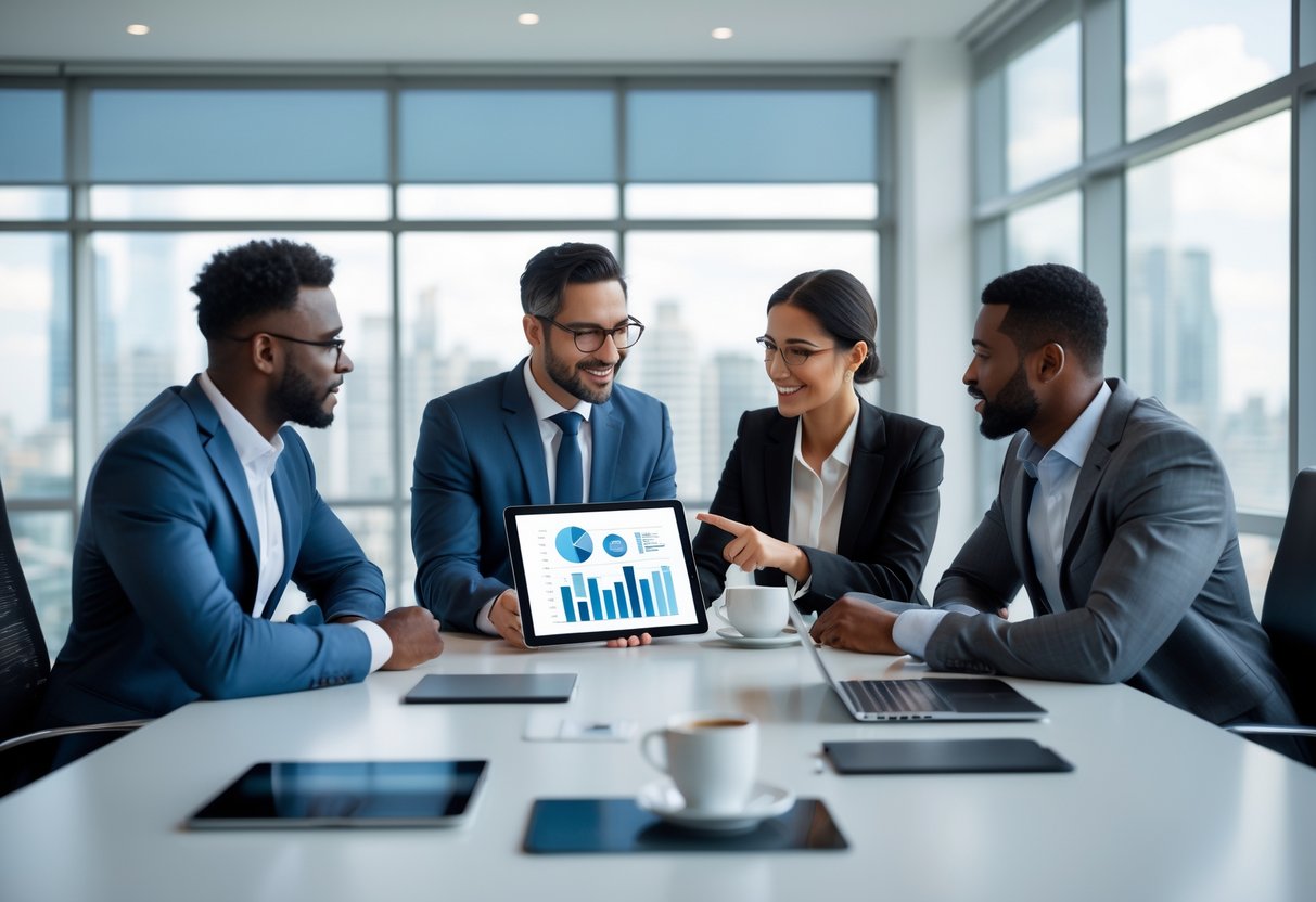 Three business professionals discussing marketing strategies around a conference table in an office with a city view.