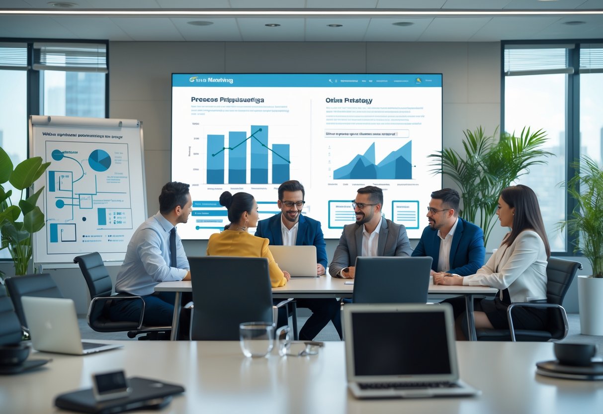 Business professionals collaborating in a modern office around a table with digital devices and a large screen showing marketing charts.