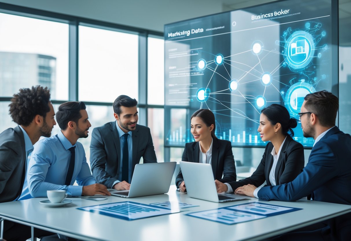 Business professionals collaborating around a conference table with laptops and charts, discussing marketing strategies in a modern office.