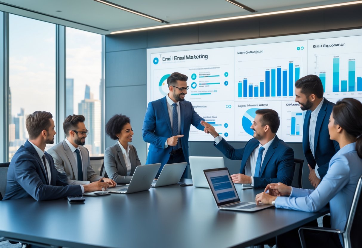 Business professionals in a meeting room reviewing email marketing data on laptops and a large screen.