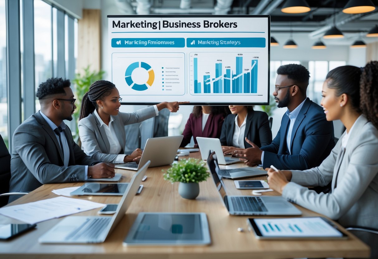 A group of business professionals in a meeting room reviewing marketing charts and discussing strategy around a conference table.