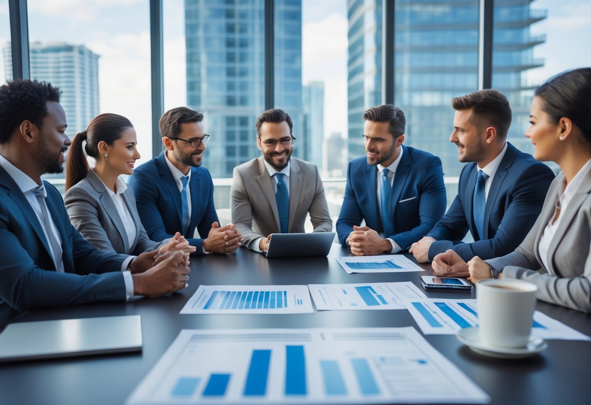 A group of business professionals discussing documents and using a tablet around a conference table in a bright office with a city view.
