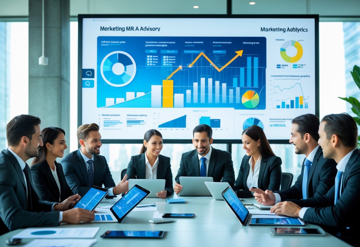 Business professionals collaborating around a conference table reviewing financial and marketing data in a modern office.