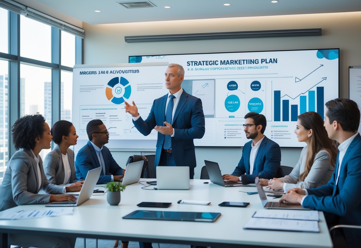 A group of business professionals in a conference room collaborating on a marketing plan, with one person presenting data on a large screen while others take notes and discuss.