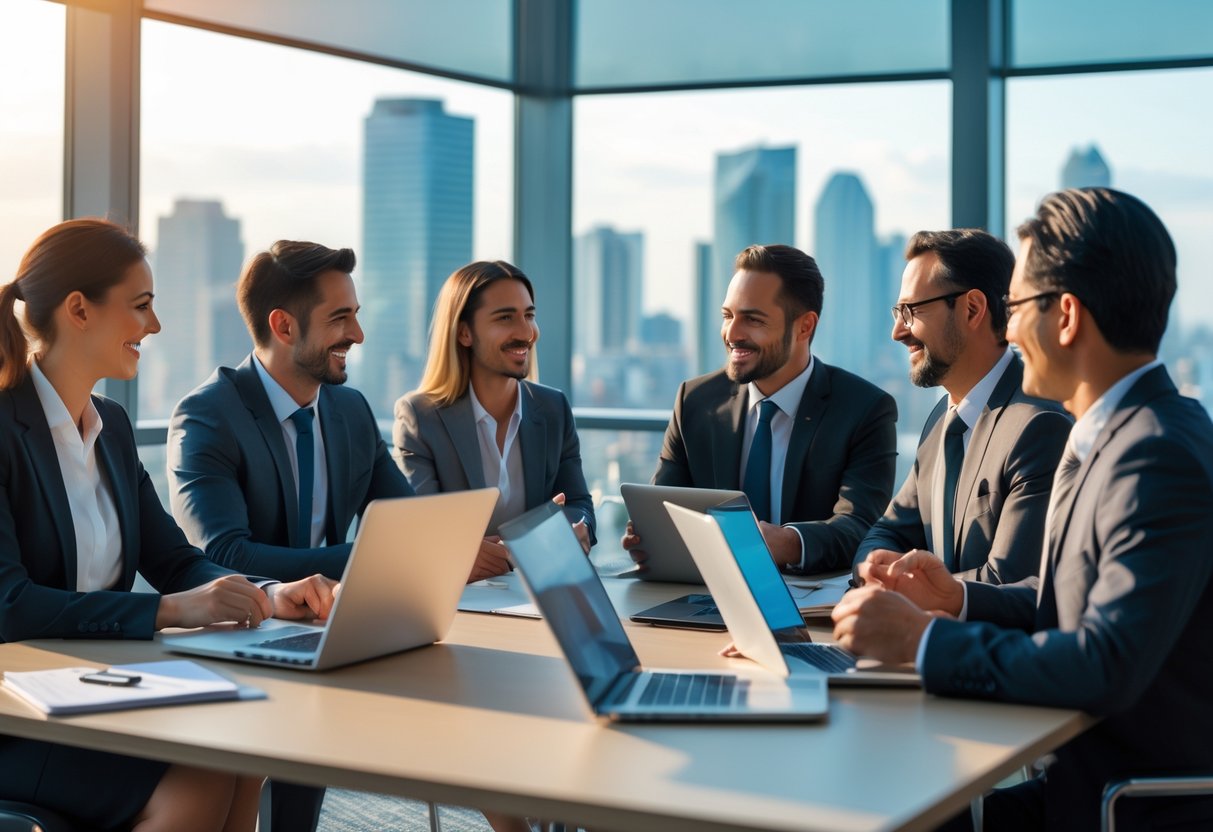 Business professionals having a meeting around a conference table in a modern office with a city skyline visible through large windows.