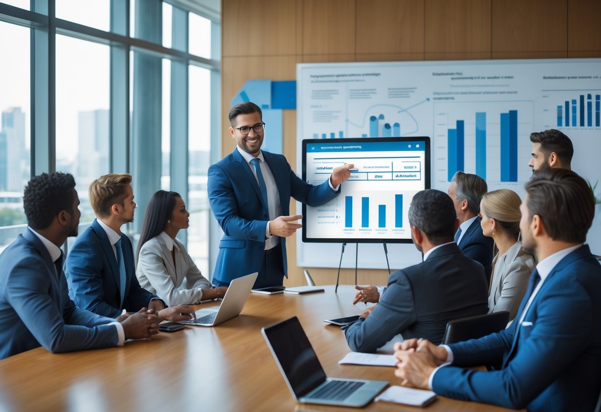 A business professional presenting financial data to colleagues in a modern office conference room.