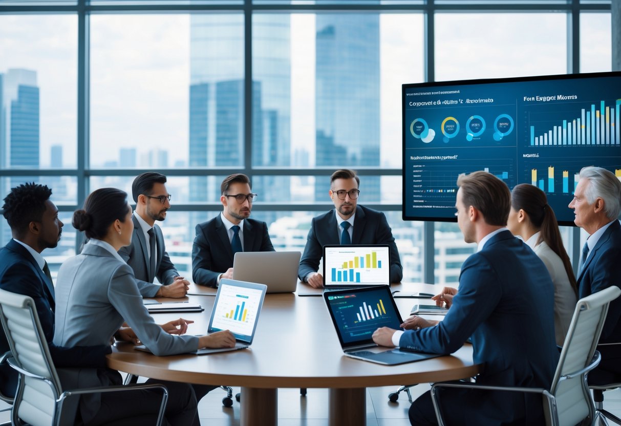 Business professionals in a meeting room reviewing charts and data on screens and documents around a conference table.