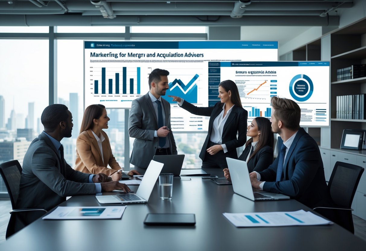 A group of business professionals discussing financial charts and data around a conference table in an office with a city view.