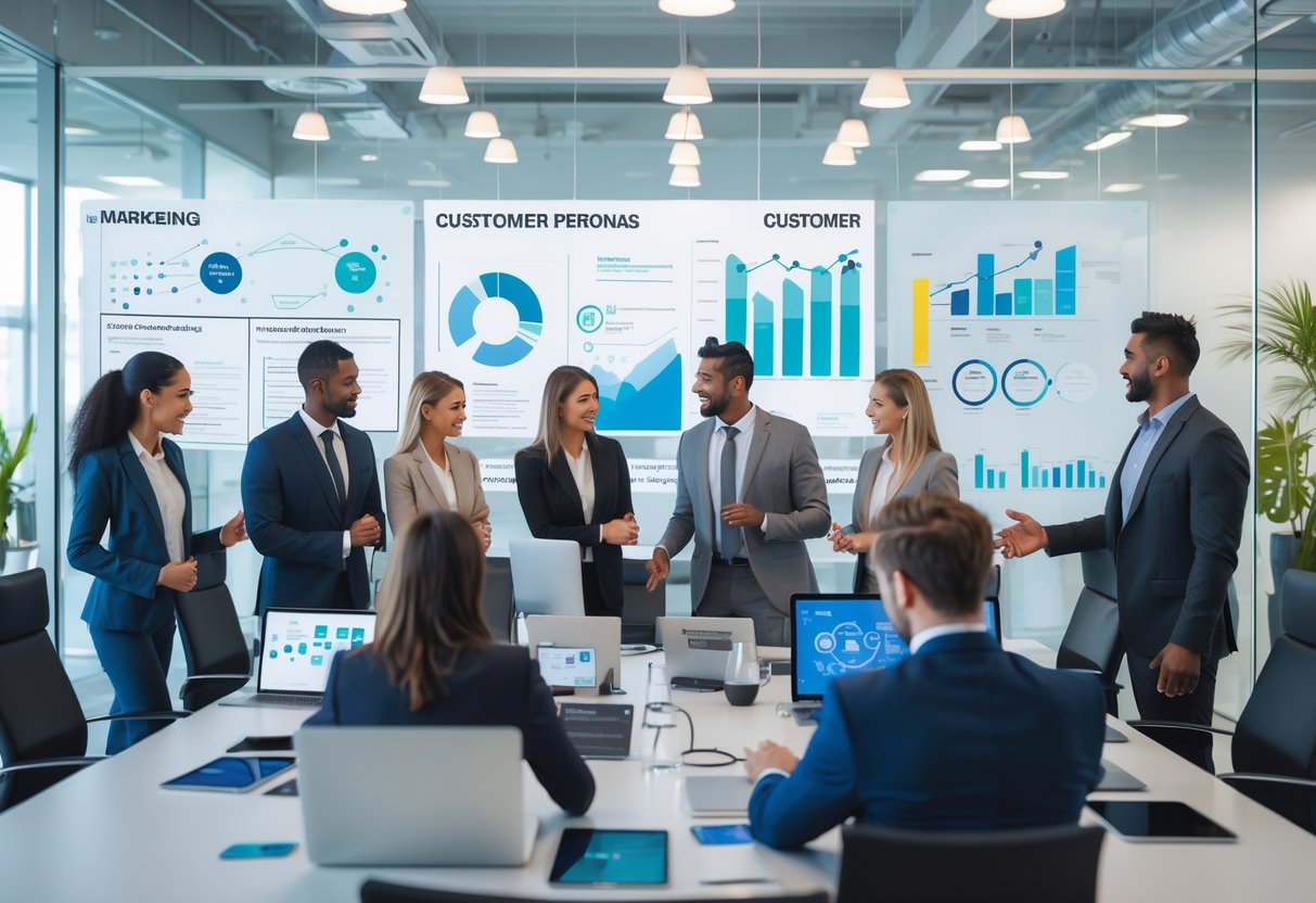 A group of business professionals collaborating around a conference table with laptops and digital charts in a modern office.