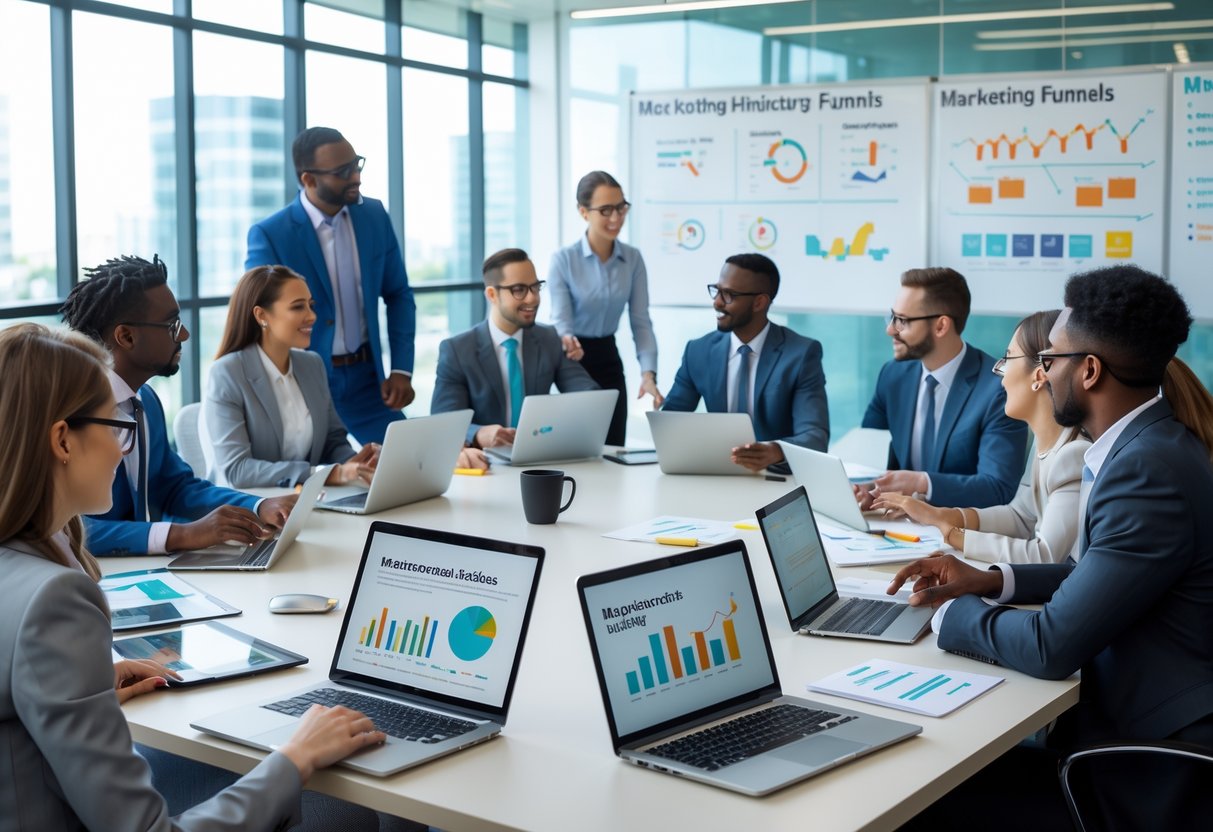 A group of business professionals collaborating around a table with laptops and charts in a bright conference room.