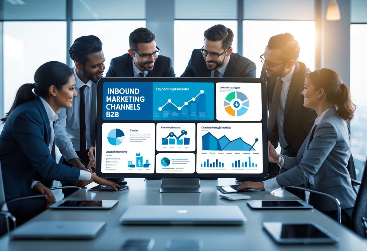 A group of business professionals collaborating around a digital touchscreen table displaying marketing analytics and charts in a modern office.