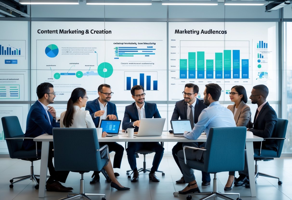 A group of business professionals collaborating around a table with laptops and charts in a modern office setting.