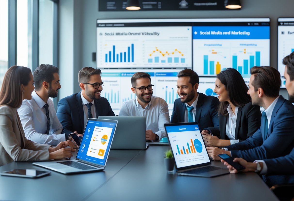 Business professionals collaborating around a conference table with digital devices showing marketing data in a modern office.
