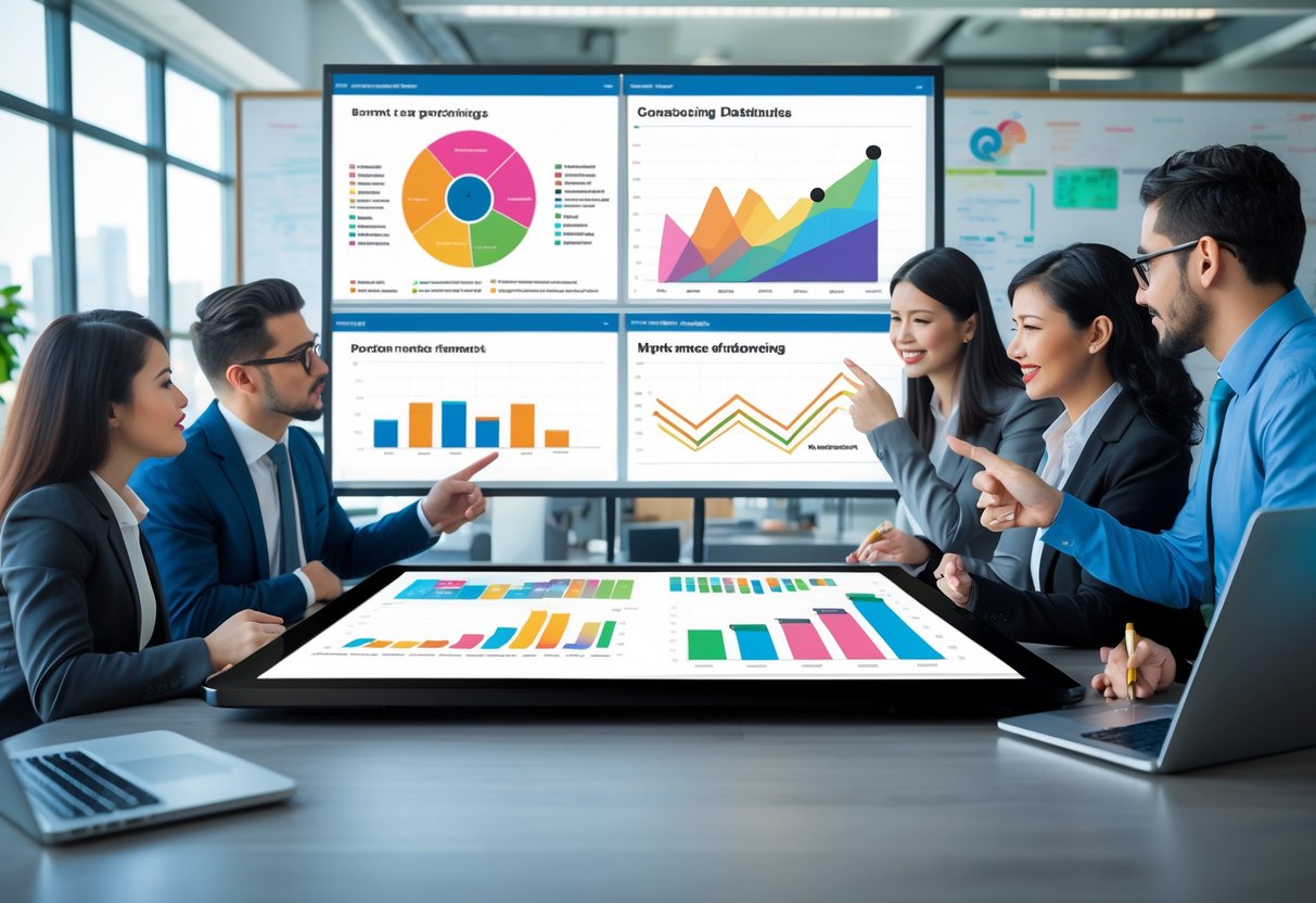 Business professionals collaborating around a digital touchscreen table displaying marketing funnel charts and data in a bright office.