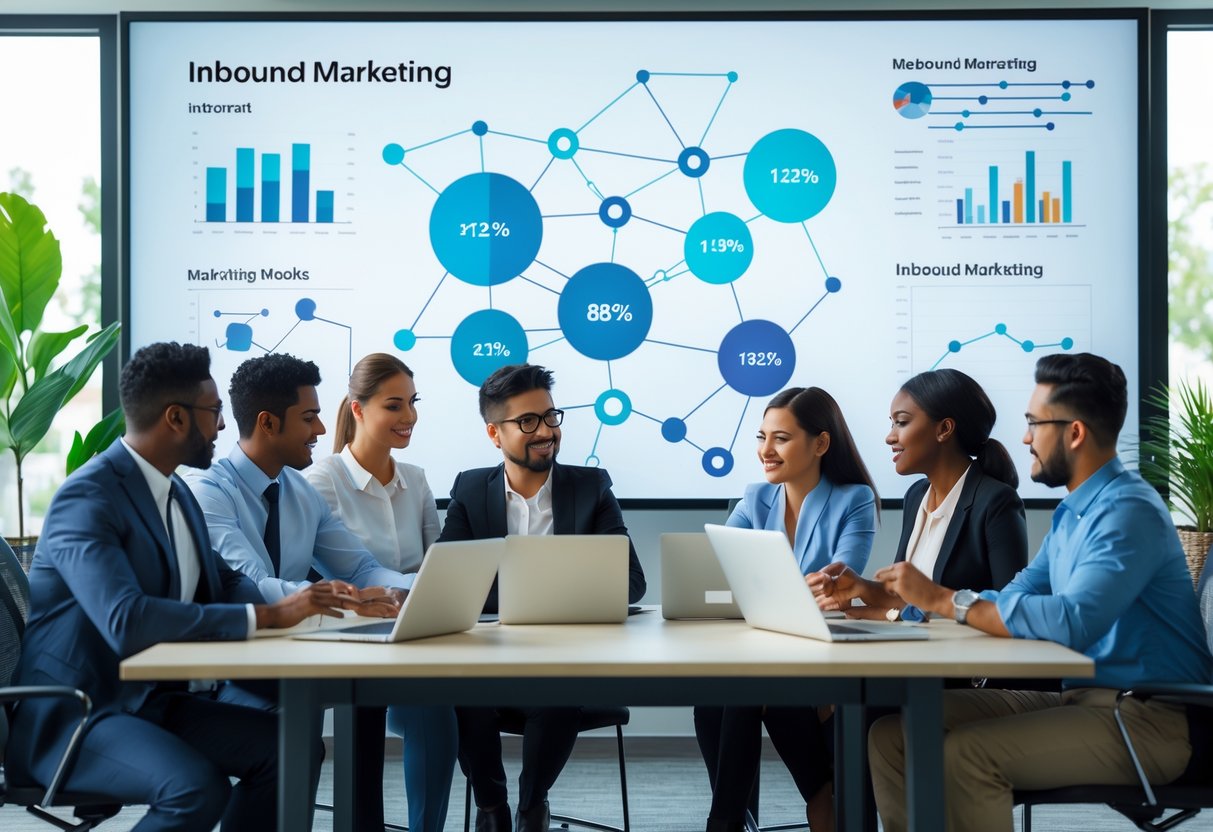 A group of business professionals collaborating around a conference table with laptops and charts in a modern office.