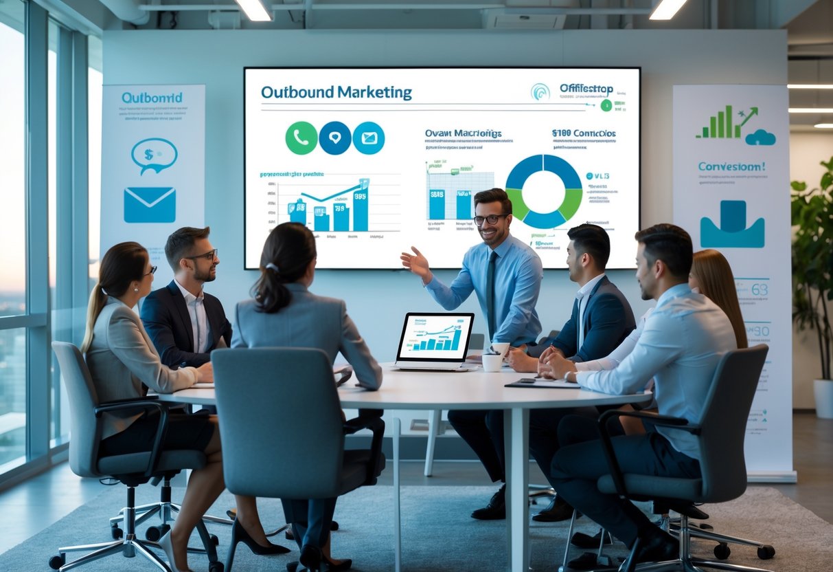 A group of business professionals having a meeting around a conference table with digital devices and marketing charts in a modern office.