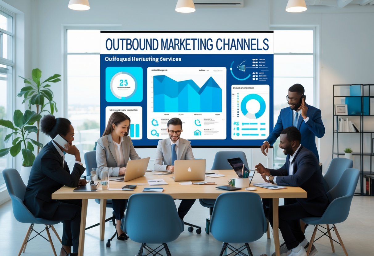 A group of business professionals collaborating in an office with laptops, phones, and marketing materials, discussing outbound marketing strategies.