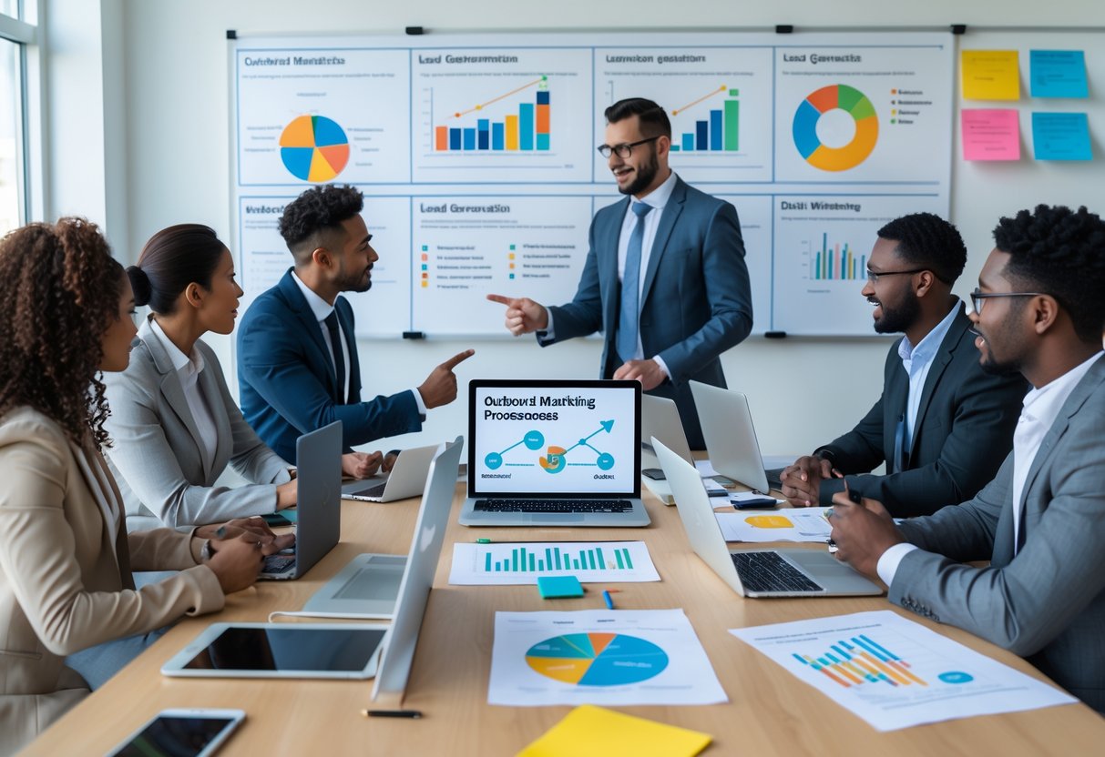 A diverse team of marketing professionals collaborating around a conference table with laptops and charts, discussing outbound marketing strategies in a bright office.
