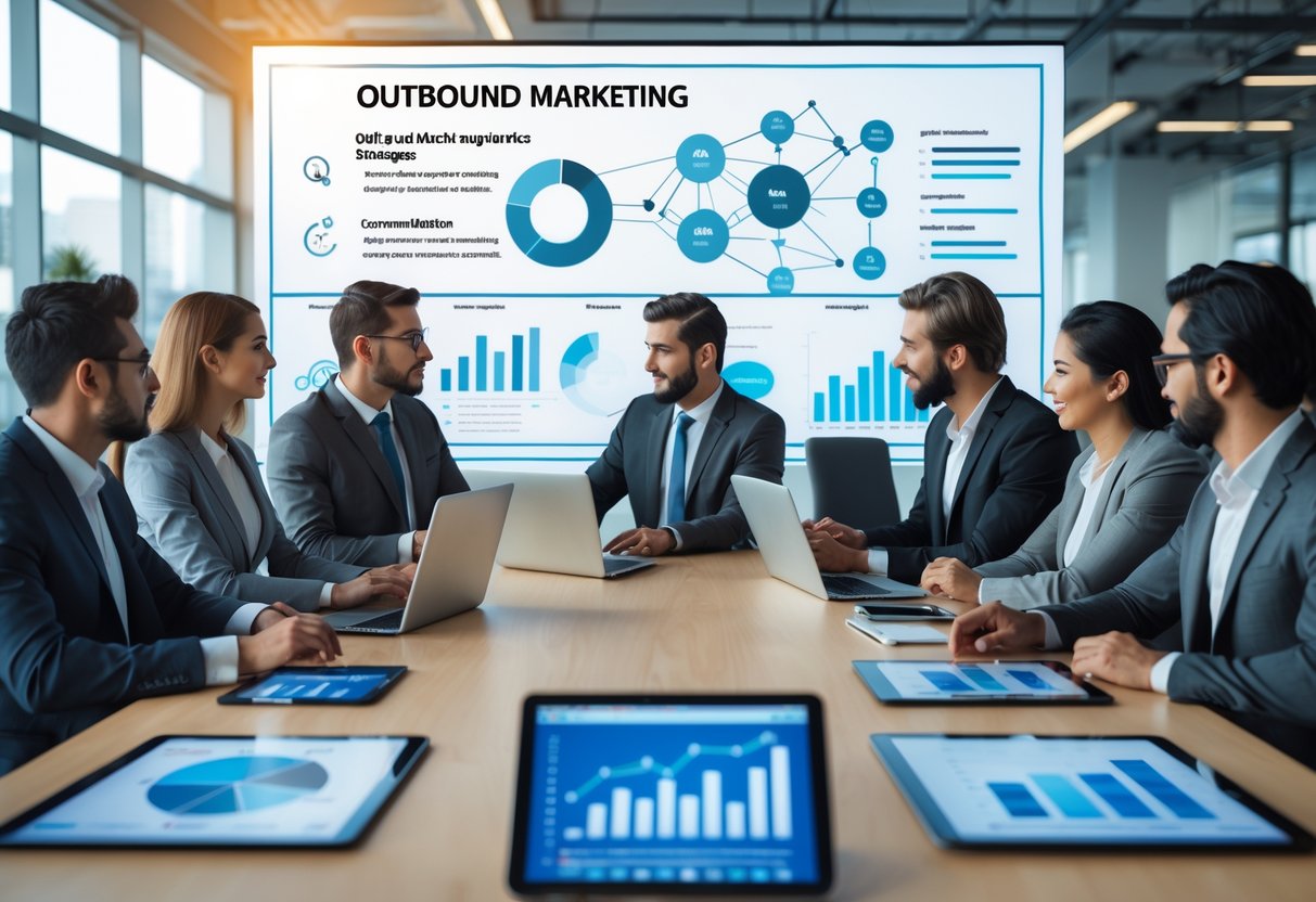A diverse team of business professionals collaborating around a conference table with laptops and charts in a bright office setting.
