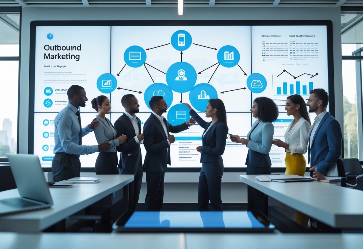 A diverse team of marketing professionals collaborating around a digital touchscreen in a modern office setting.