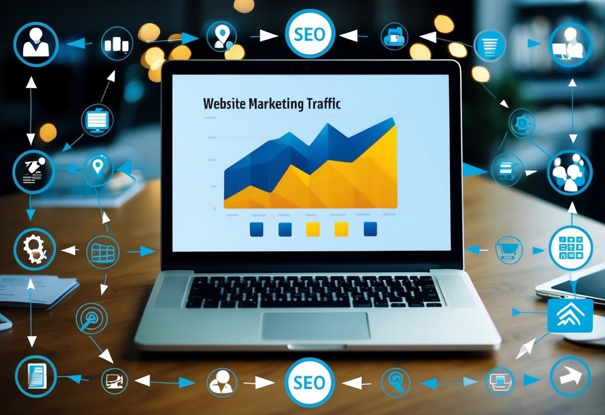 A laptop displaying a graph of website traffic, surrounded by various marketing and SEO icons and symbols