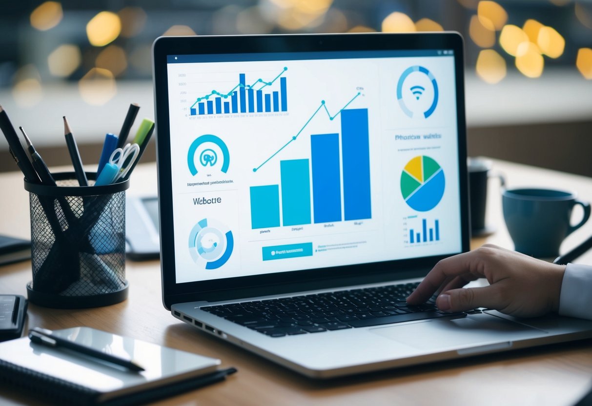 A laptop surrounded by various marketing and SEO tools, with a graph showing increasing website traffic