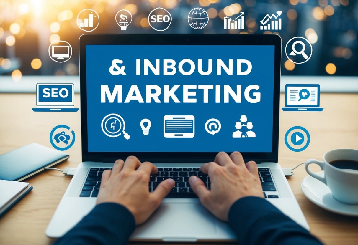 A person typing on a laptop surrounded by SEO and inbound marketing icons and symbols
