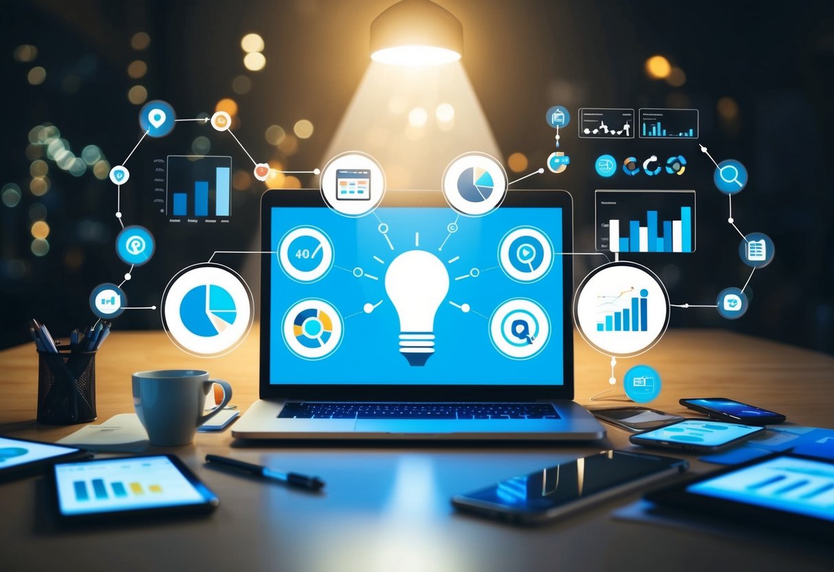 A laptop surrounded by various digital marketing tools and analytics charts, with a spotlight shining on it