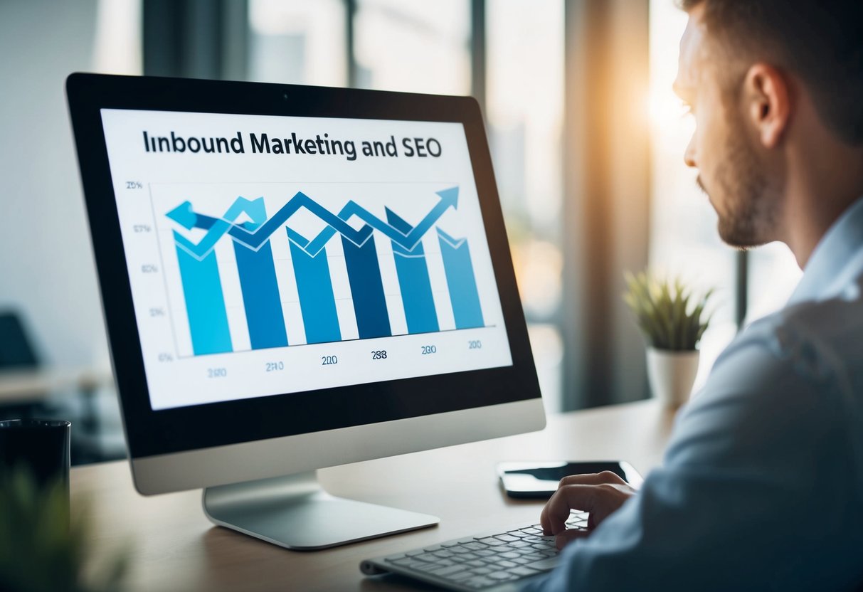 A computer screen displaying a graph with upward trending lines representing inbound marketing and SEO efforts. A person is analyzing the data with a focused expression