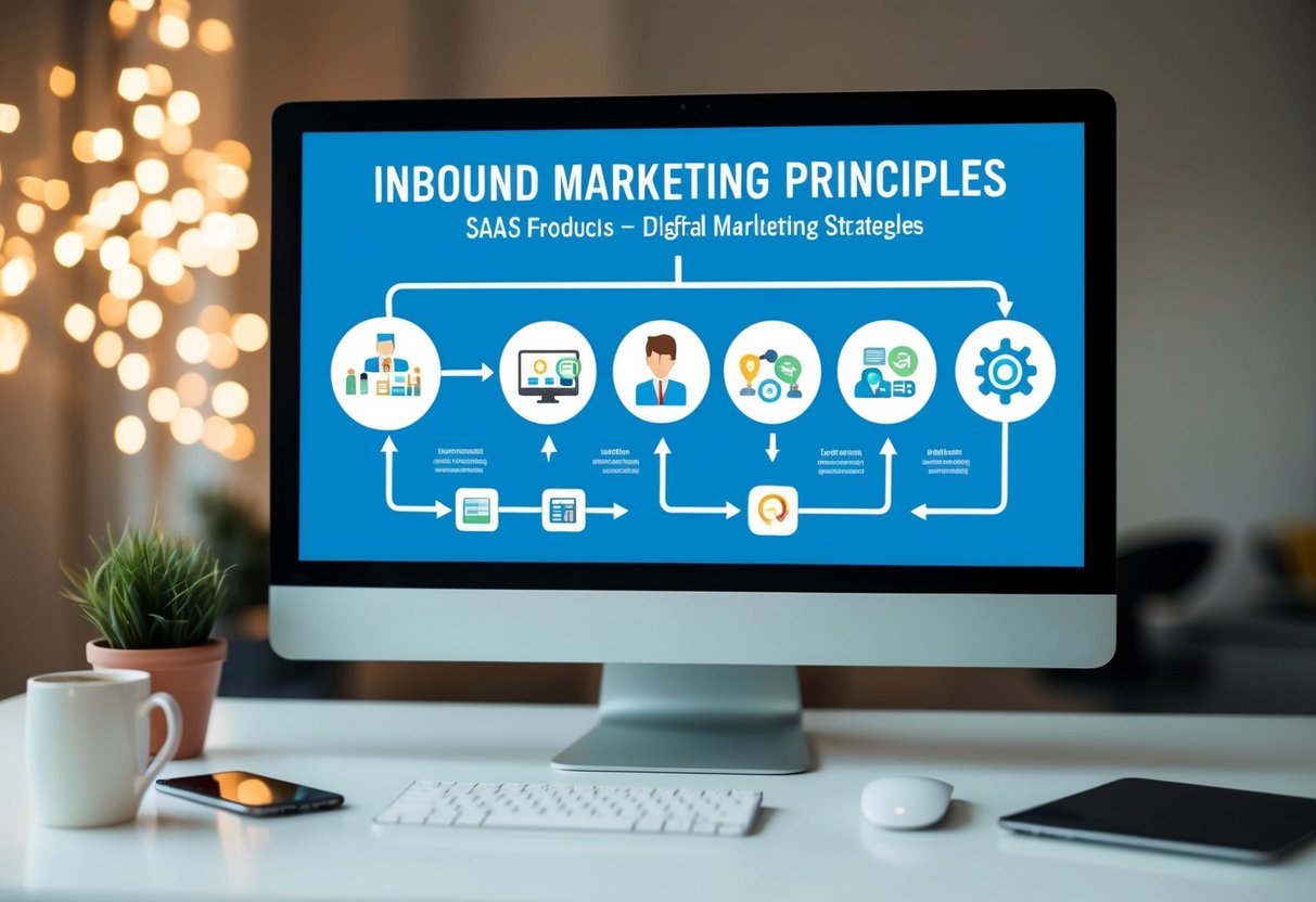 A computer screen displaying a flowchart of inbound marketing principles, with icons representing SaaS products and various digital marketing strategies
