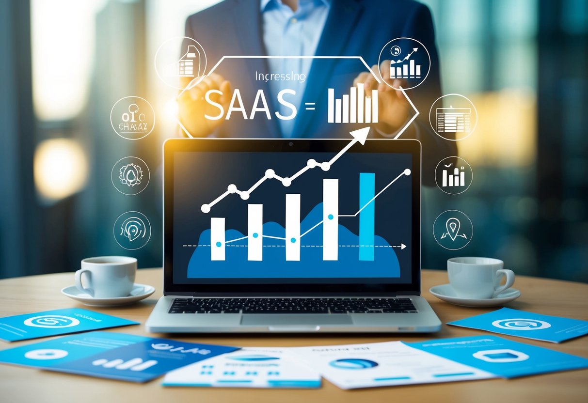 A laptop surrounded by various SaaS solution icons and marketing materials, with a graph showing increasing inbound leads