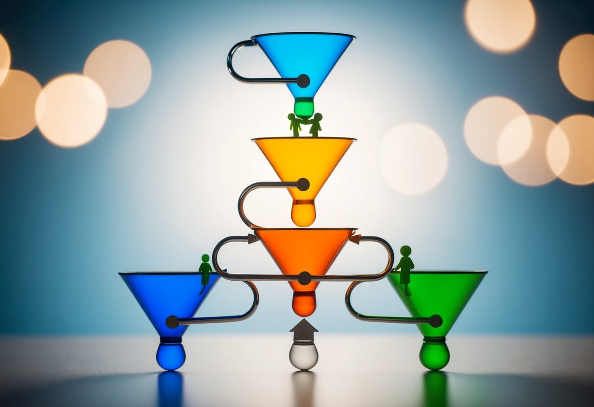 A series of interconnected funnels, with leads entering at the top and being nurtured through various stages before converting at the bottom