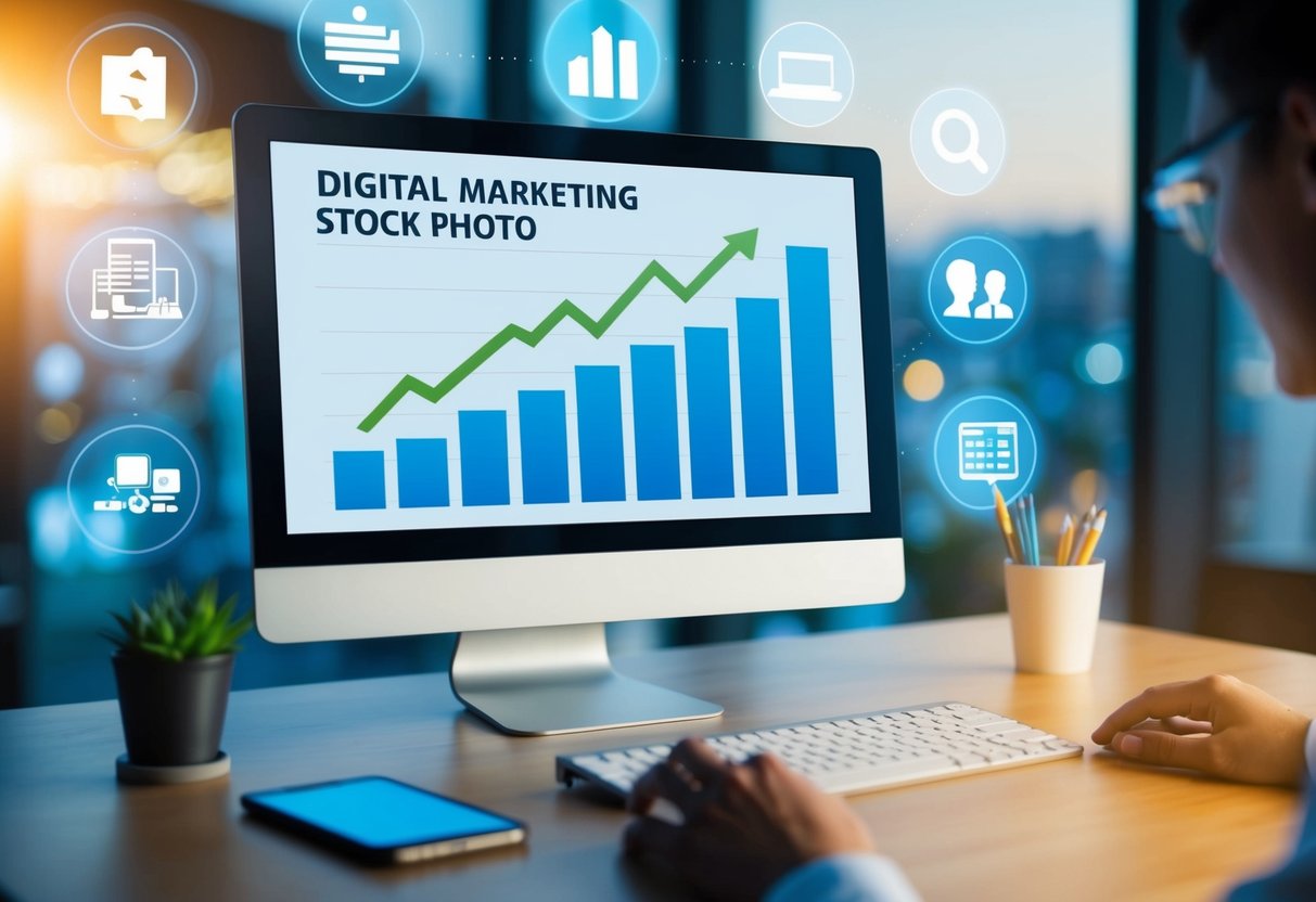 A computer screen displaying a graph with an upward trend, surrounded by various digital marketing tools and icons