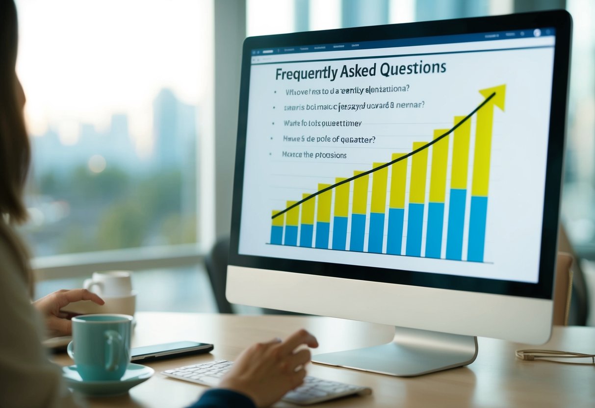 A computer screen with a list of frequently asked questions and a graph showing an upward trend