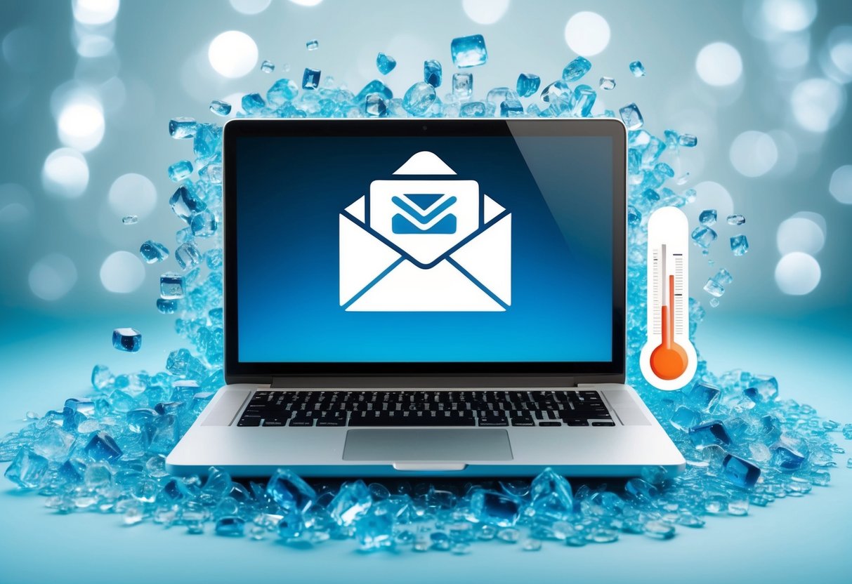 A laptop surrounded by icy blue and white tones, with an email icon and a thermometer symbolizing a cold email campaign