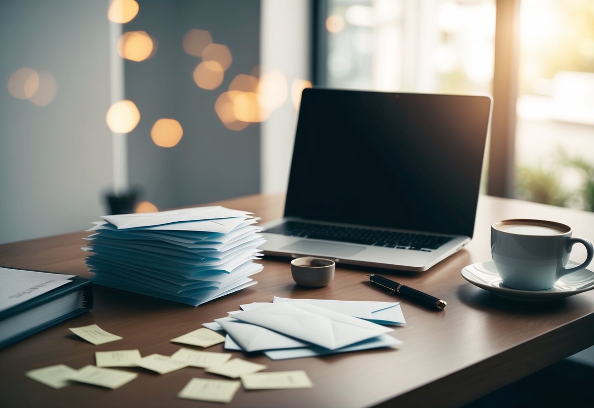 A laptop on a desk with a stack of envelopes and a cup of coffee, surrounded by scattered notes and a pen