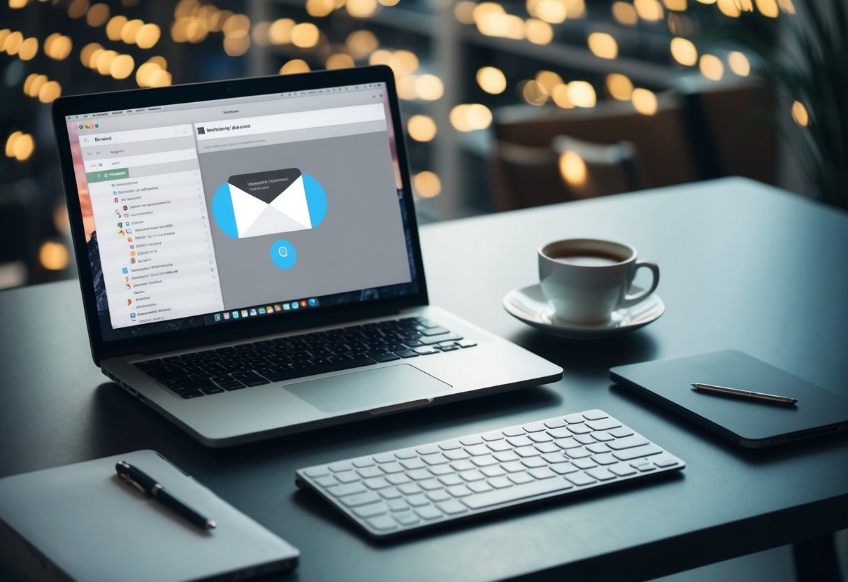 A laptop on a desk with a cup of coffee, open email software, and a list of contacts