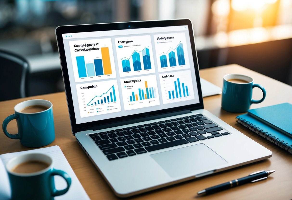 A laptop displaying campaign analytics with charts and graphs, surrounded by coffee mugs and notebooks on a desk