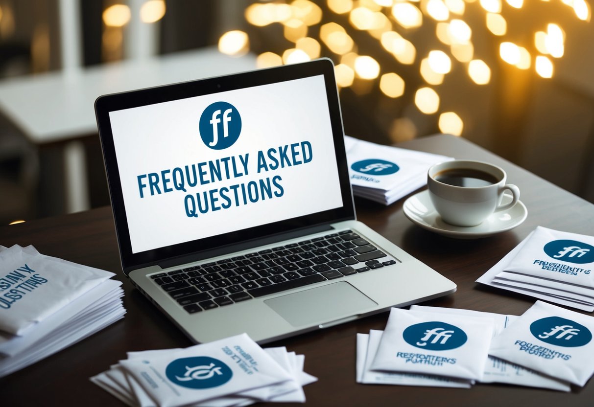 A laptop surrounded by envelopes with a "Frequently Asked Questions" logo, a stack of papers, and a cup of coffee on a desk