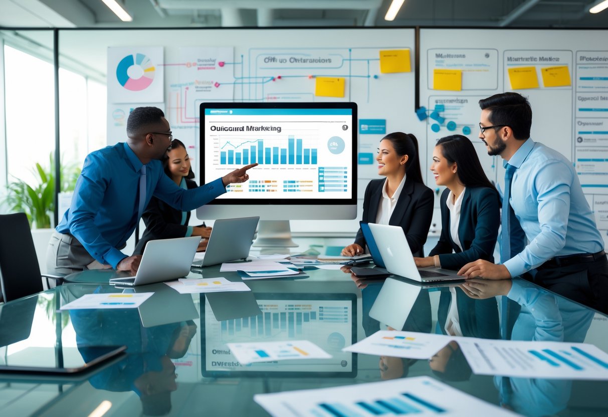 A group of business professionals collaborating around a table with digital devices and marketing charts in a bright office.